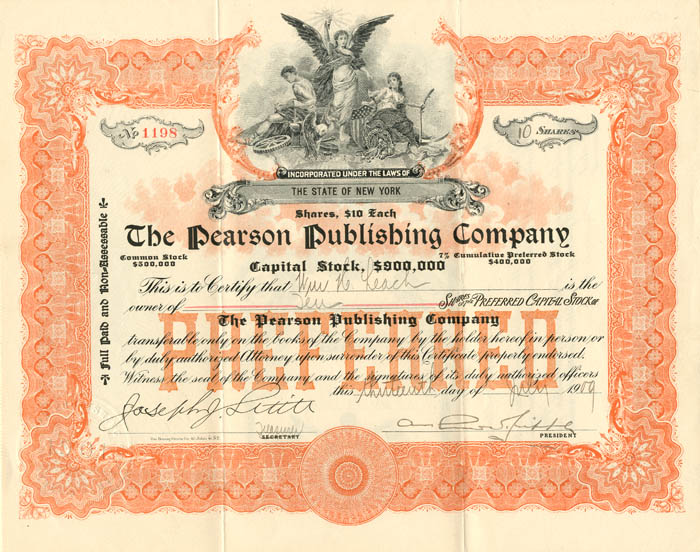 Pearson Publishing Co. (Uncanceled) - 1909 dated Stock Certificate